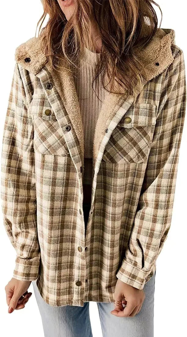 Cozy Plaid Hooded Wool Coat with Fleece Lining - D N A WeaDWeaR