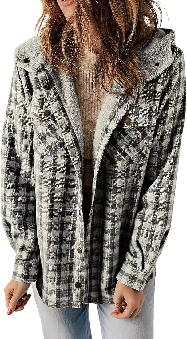 Cozy Plaid Hooded Wool Coat with Fleece Lining - D N A WeaDWeaR