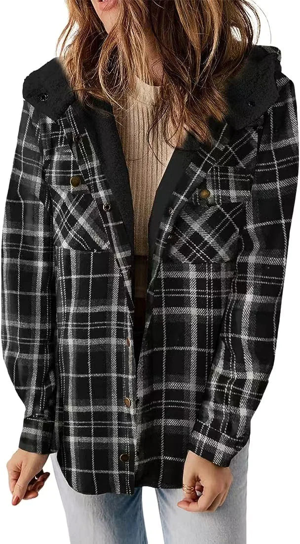 Cozy Plaid Hooded Wool Coat with Fleece Lining - D N A WeaDWeaR