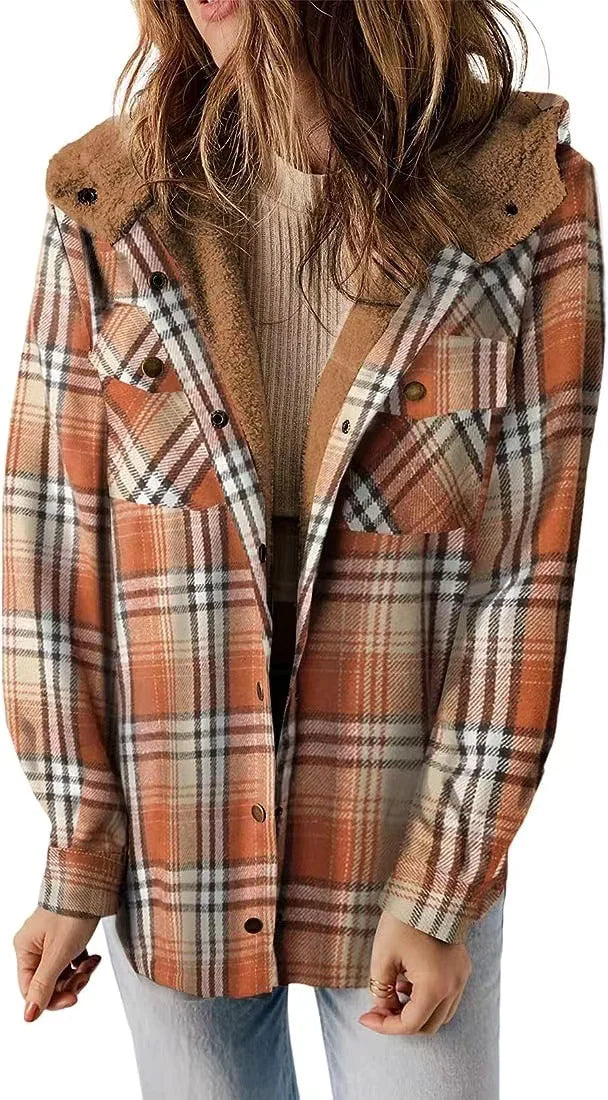 Cozy Plaid Hooded Wool Coat with Fleece Lining - D N A WeaDWeaR